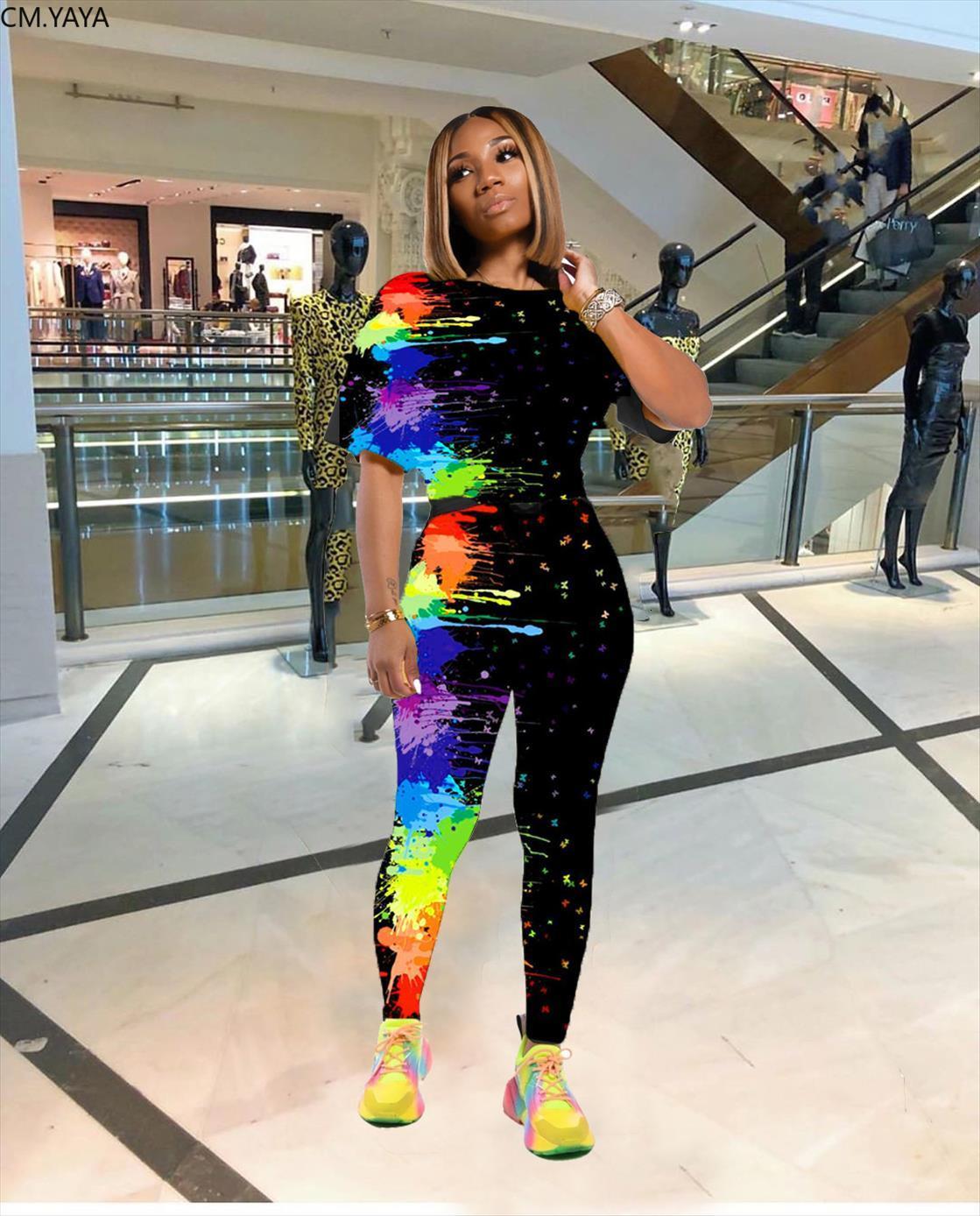 

cm.yaya tie dye galaxy womens pants print set short sleeve jogger suit active wear tracksuit two piece fitness outfit, White