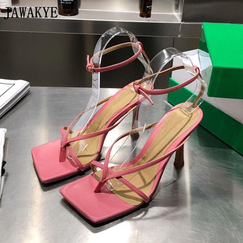

Sexy Flipflop Square Toe Women Sandals High Heel Summer Shoes Ankle Strap Real Leather Simple Sandals Dress Shoes Candy Color, Light blue