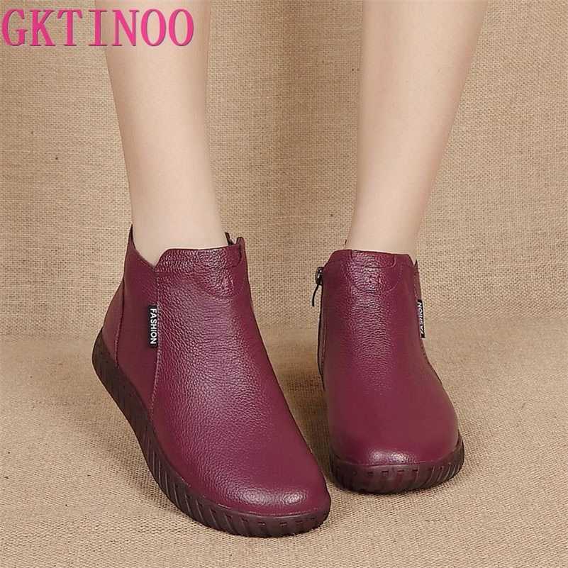 

GKTINOO Vintage Handmade Genuine Leather Women Ankle Boots Casual Snow Boots Winter Ladies Flat Shoes Zip Rubber Botines Mujer 211019, 99506 black no fur