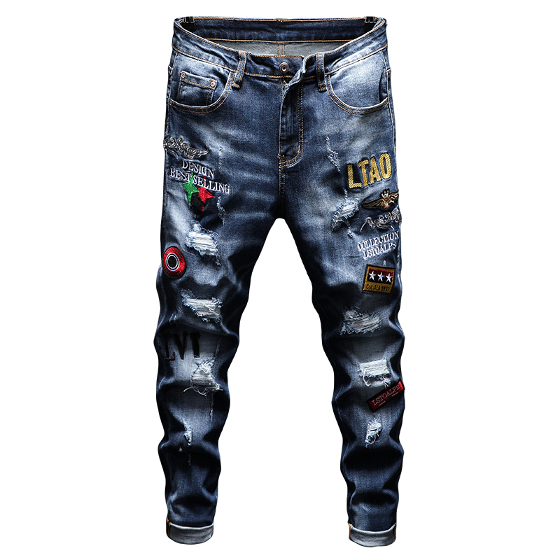 

2021 New Style Men's Summer Personality Hole Patch Embroidery Jeans Stretch European American Pants Trousers Onwe, Beige