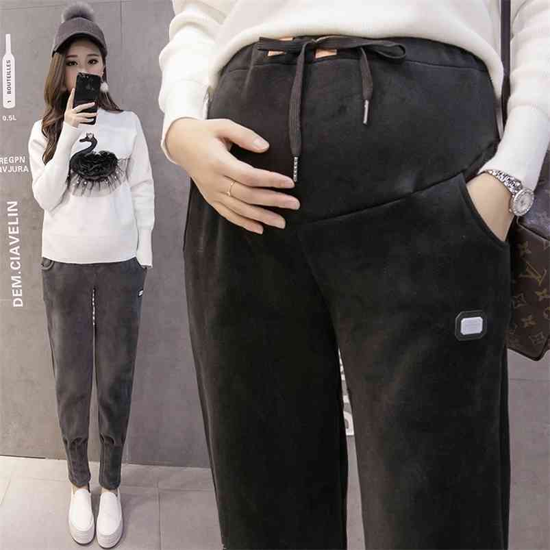 

378# Winter Thicken Warm Plus Velvet Maternity Pants Elastic Waist Belly Clothes for Pregnant Women Pregnancy Trousers 210721, Black