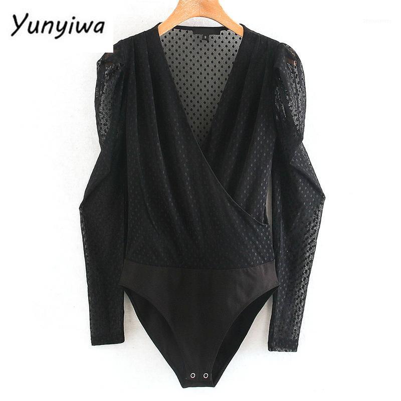 

Sexy Semi-sheer Tulle Bodysuit Women V Neck Puff Sleeve Black Vintage Blouse Tops Body Mujer XNGC9634 Women' Jumpsuits & Rompers, As pic