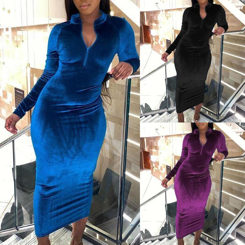 

Casual Dresses Fashion Sexy Women Solid Color Long Sleeve V Neck Slim Zipper Wedding Party Evening Dress, Black;gray