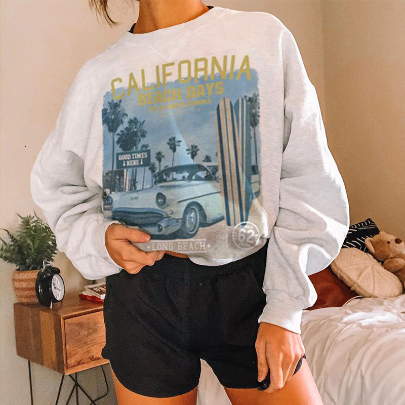 

2021 Usa Vintage Letter Print Chic Design Whtie Sweatshirt Women Girls Oversized Bf Autumn Long Sleeve Casual Sport Pullovers Cacd, White