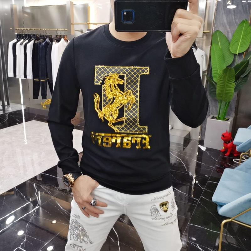 

Men's T-Shirts 2021 High Quality Autumn Horse Sequin Embroidered Vest Fashion Letter Print Crewneck Long Sleeve Slim Backing Shirt, Black