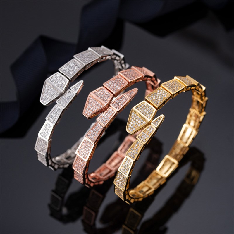 Pretty Electroplating exaggerated luxury design micro inlaid Zircon Bracelet women's Snake Bracelet personalized birthday gift three colors-image-663782220