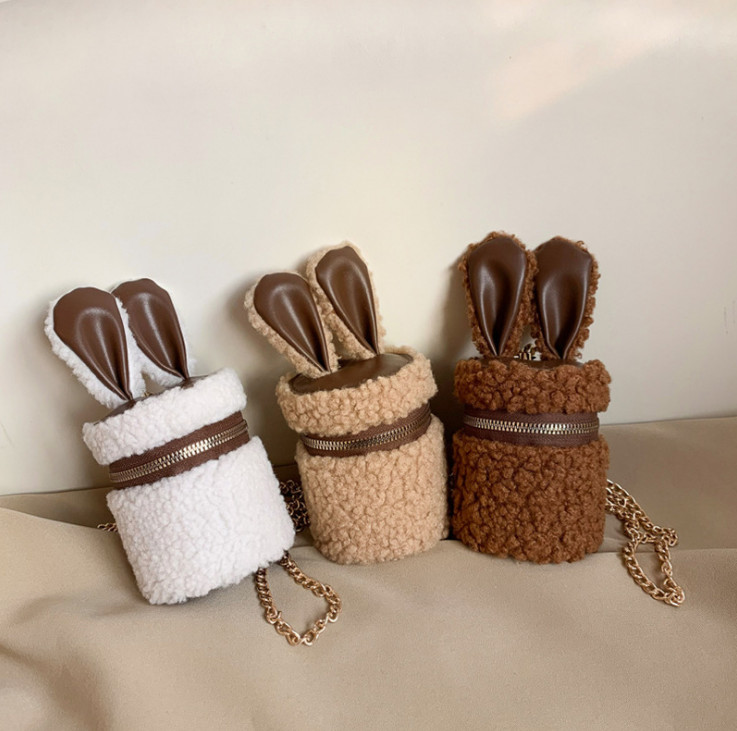 

Girls stereo rabbit ears fleece purse kids single shoulder circular box bucket bag children metals chain messenger bags women cartoon purses Q3196, Khaki