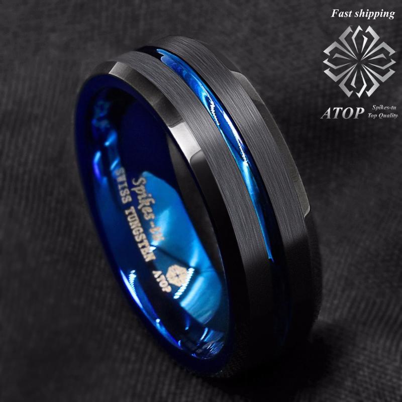 

Wedding Rings 8mm Tungsten Men's Ring Thin Blue Line-Inside Black Brushed Band ATOP Jewelry, Slivery;golden