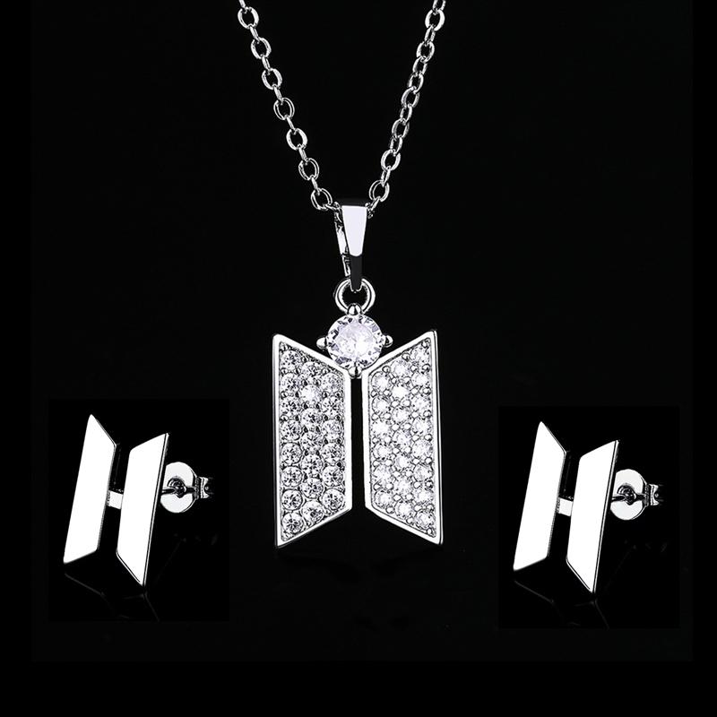 Earrings & Necklace Kpop Bangtan Boys Silver Color Chain Set 2021 Zircon Pendant Chokers Fashion Jewelry Gift-image-745159568