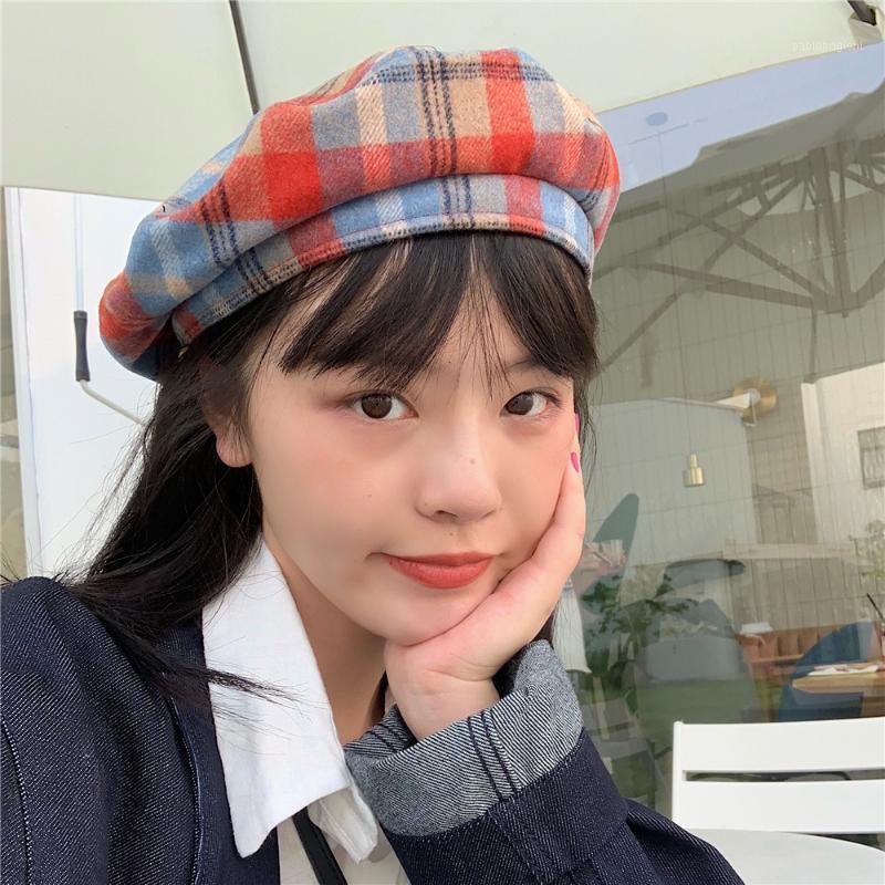 

Japanese Contrasting Color Plaid Woolen Beret Female Autumn Winter Retro All-match Flat Top Painter Hat Pumpkin Berets, Yellow