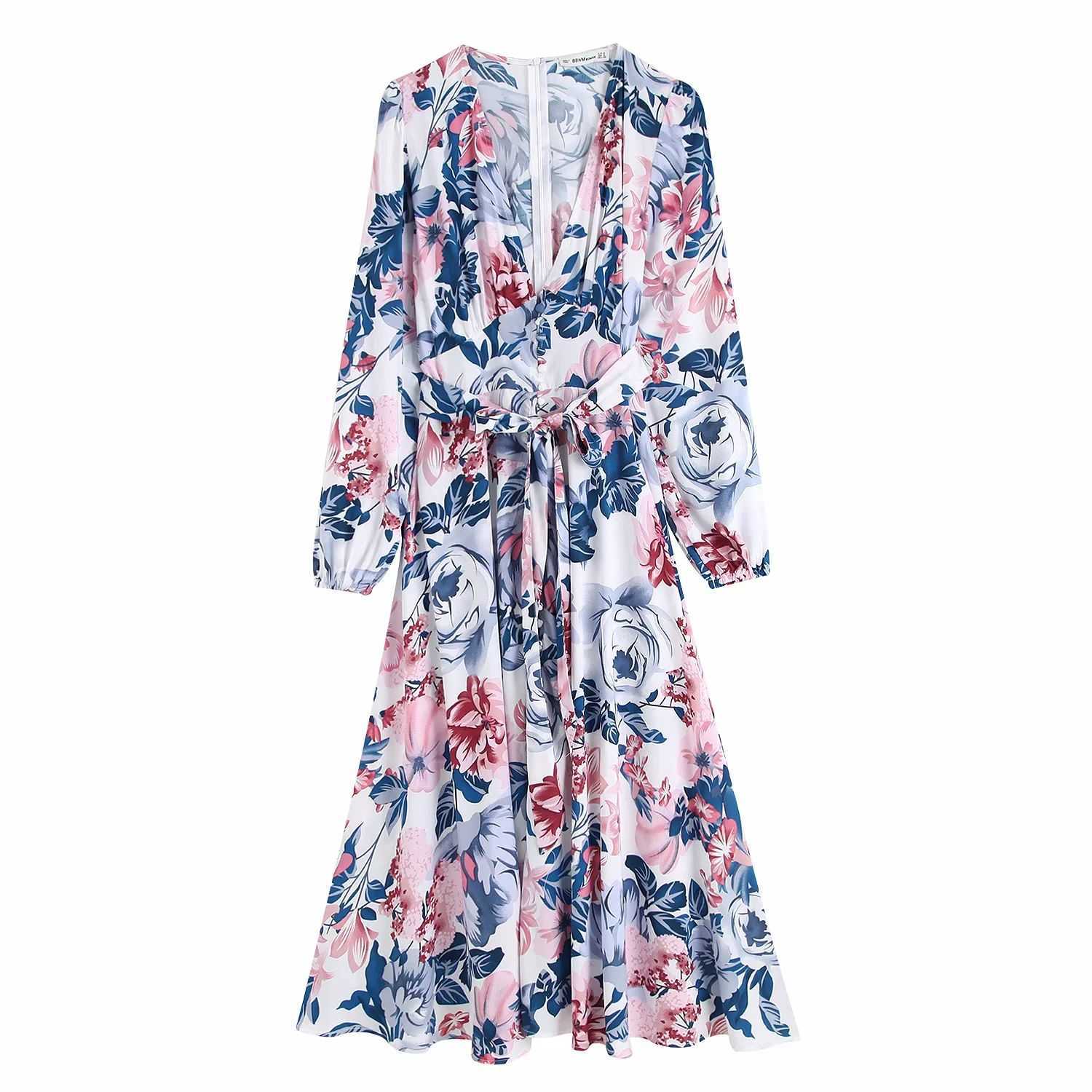 

Women Floral Printed Dress V-neck Long Sleeves Maxi Dress INS style Elegant Lady Chic Long Woman Dresses 210709, As picture
