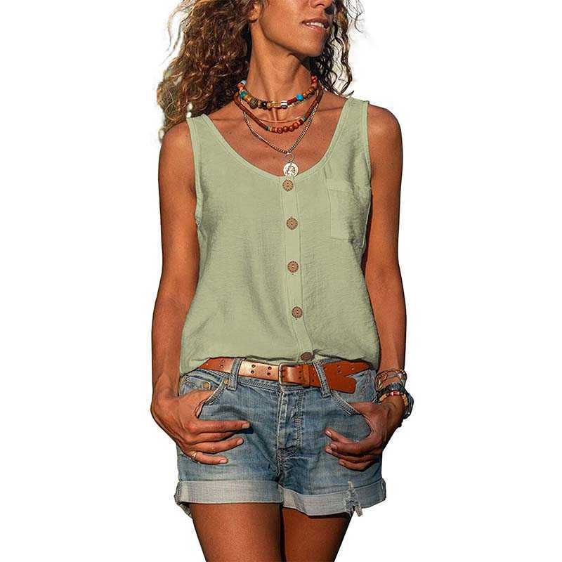 

Summer Solid Color V Neck Button Decoration Pocket Sleeveless Tops Women Casual Commute Loose Oversize Pullover Tank Top 210608, Gray