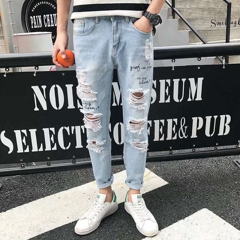 

2021 New Fashion Torn Jeans From Men's Hollowed-out Shredded Men Printed Beggar Cut-down Cowboy Demin Male Dropshipping Pants Ecfc, Light blue
