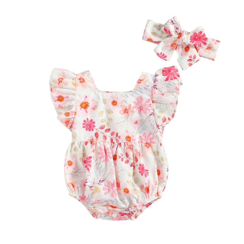 

Rompers Pudcoco 2021 Summer 0-12M Baby Girl 2Pcs Set Floral Print Flared Short Sleeve Back Buttons Bodysuit+Headband Infant Clothes, As pic