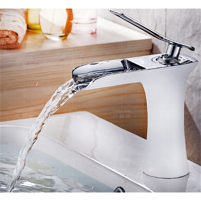 

2021 New Waterfall White and Chrome Brass Bathroom Basin Mixer Tap Hot & Cold Sink Faucet 3wf2