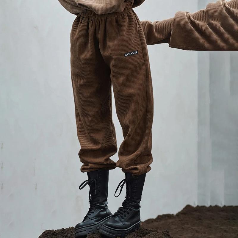 

Women' Pants & Capris Corduroy Brown Women Trousers 2021 Spring Casual Loose High Elastic Waist Solid Straight Fashion Embroidery Sport