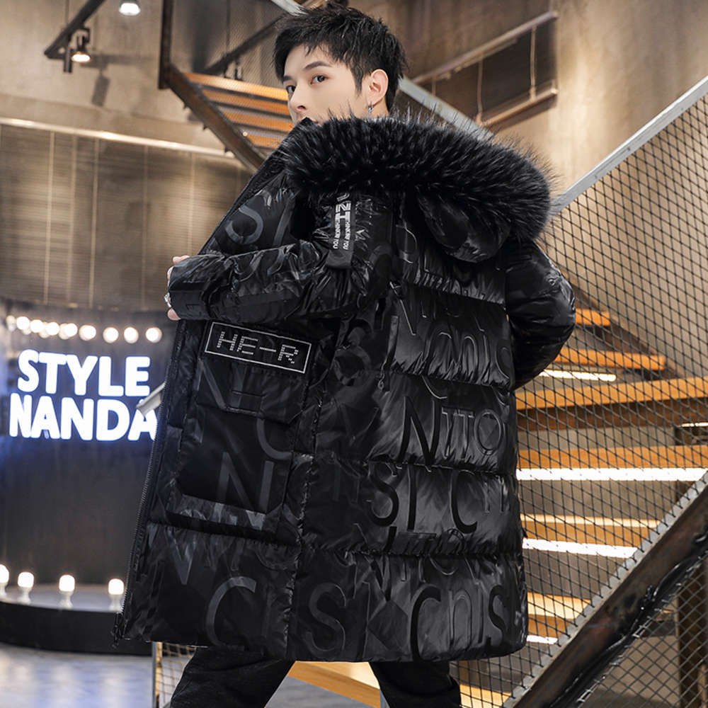 

Winter coat men's fashion 2021 new medium length student tide brand bright face down cotton padded jacket, Black