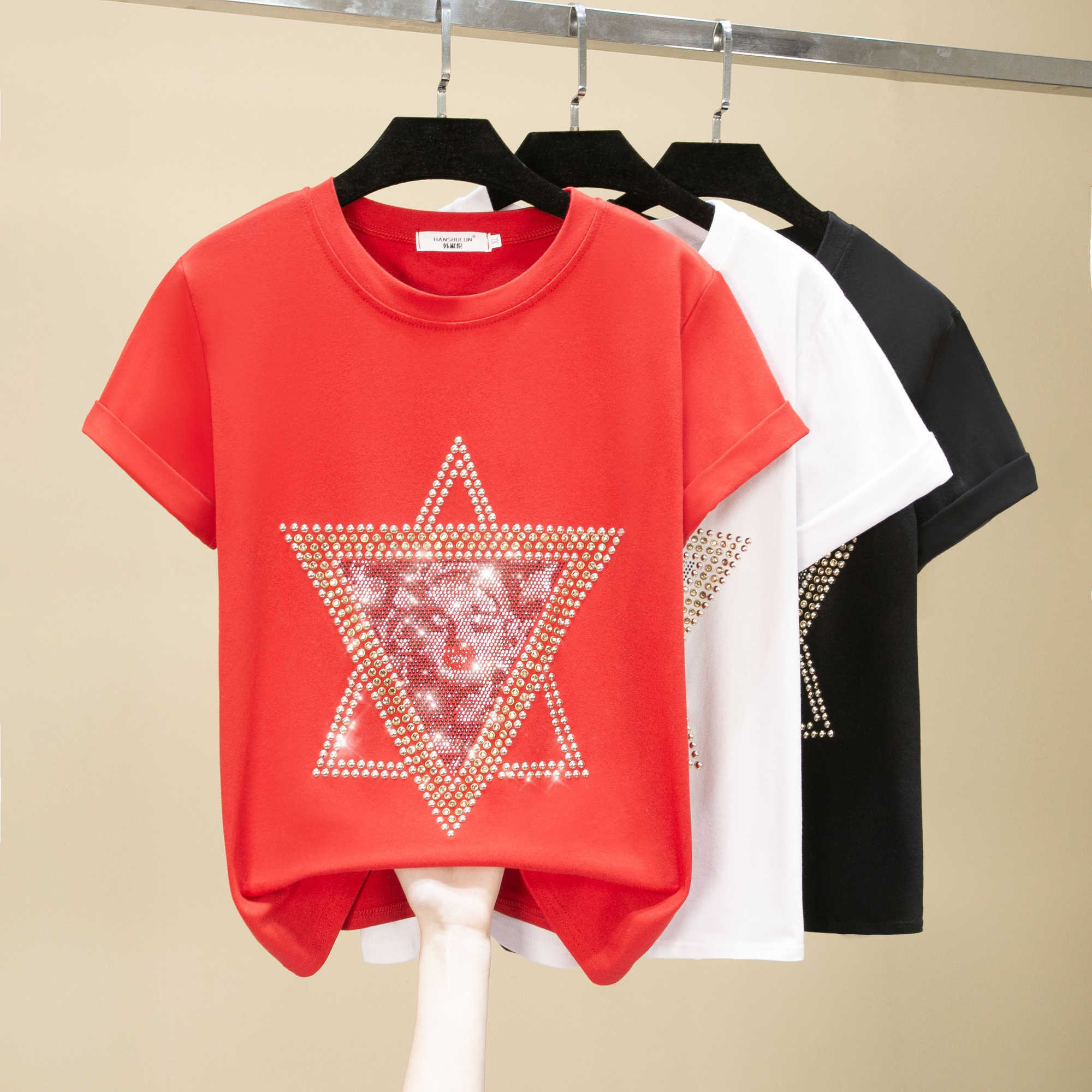 

Harajuku T Shirt Women Tshirt Korean Style Cotton Tshirts Tops Casual Diamond T-Shirt Tee Shirt Femme White Black 210604