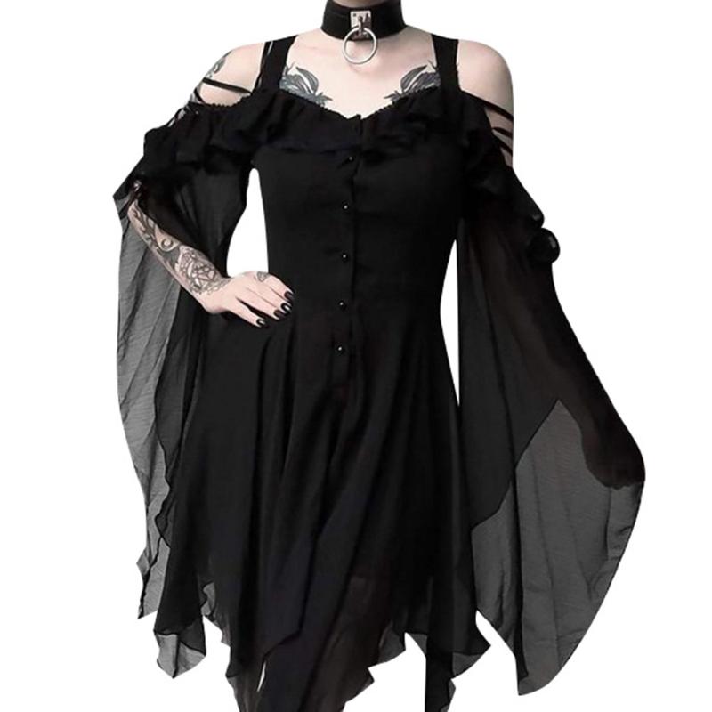 

Casual Dresses Elegant Women Dark Black Dress Ruffle Sleeves Off Shoulder Gothic Party Mini Vestidos 2021 Autumn Halloween Ropa Mujer