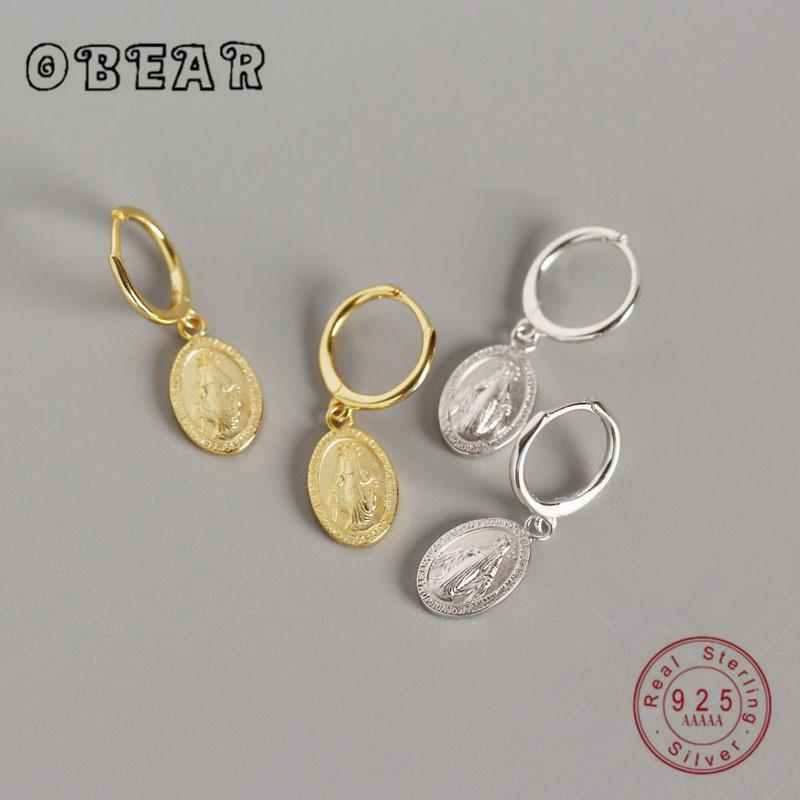 

Stud OBEAR 100% 925 Sterling Silver Dainty Virgin Mary Coin Pendant Small Earrings For Women Jewelry