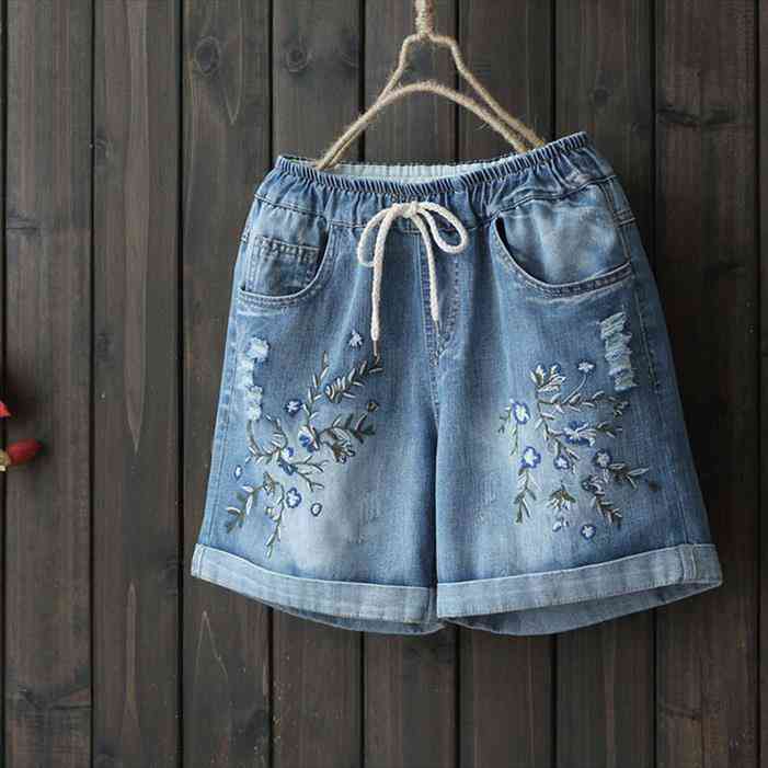 

floral embroidery cotton denim shorts women summer loose short femme, Blue