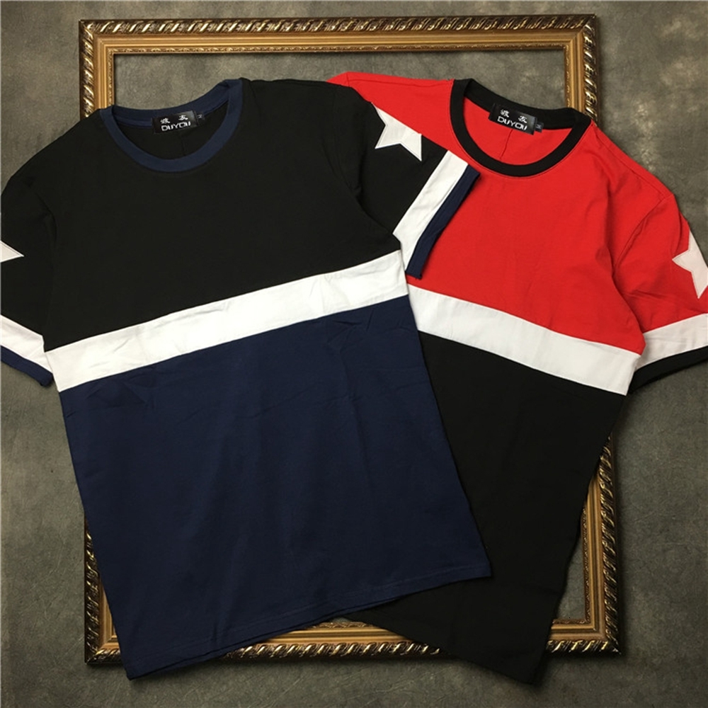 

2021 New Cotton t Stitching Color Blocks Casual Body Building O-neck Men Tshirt Short Sleeve T-shirt Tee Shirt 56c4, Blue