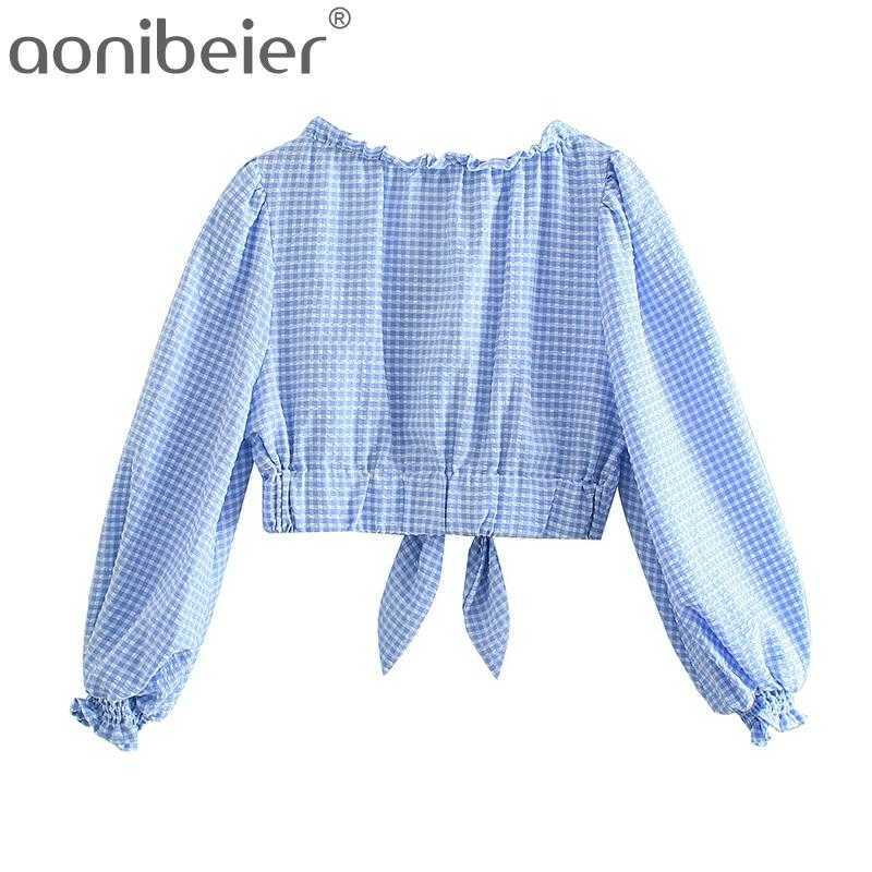 

Summer Plaid Cropped Blouse Long Puff Sleeve Ruffles Trim Short Shirt Chic Button Up Knot Front Gingham Female Tops 210604, Shorts