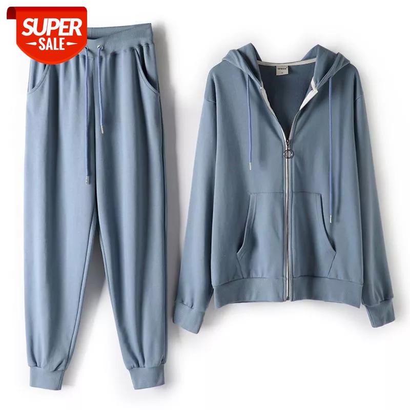 

tracksuit women Casual sports running suit female autumn Korean loose thin temperament sweater coat trousers two-piece suit #759c, Black;white