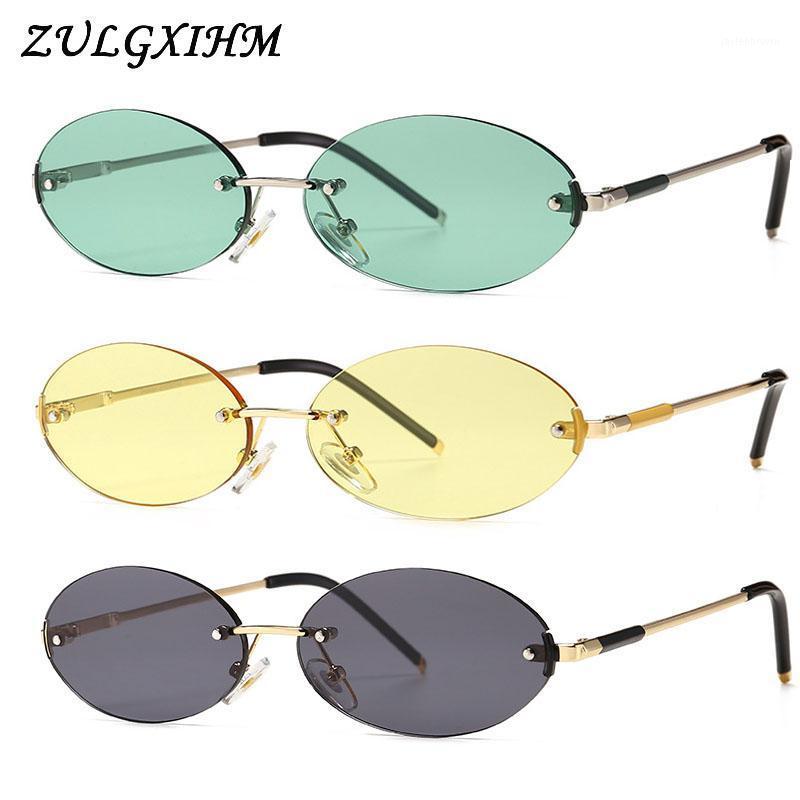 

Sunglasses ZULGXIHM Retro Oval Rimless Women Uv400 Yellow Green Blue Male Sun Glasses Small Men Round Shape Metal Gift Summer