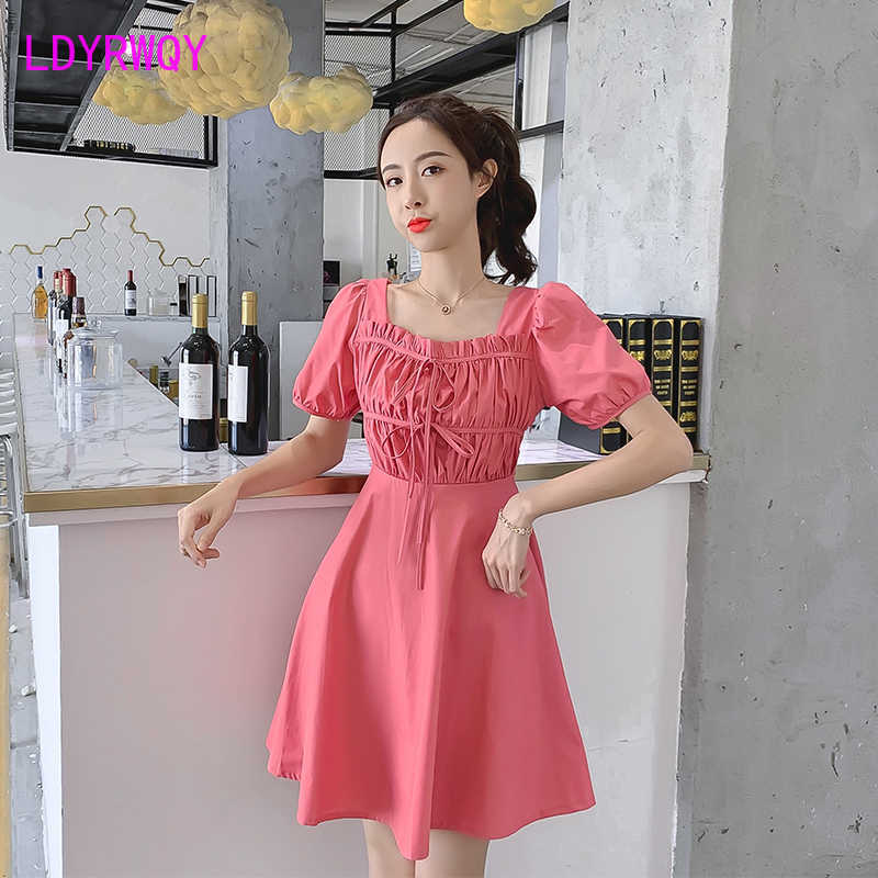 

style round neck simple solid color Korean version drawstring lace waist dress Knee-Length Office Lady Polyester 210603, Pink