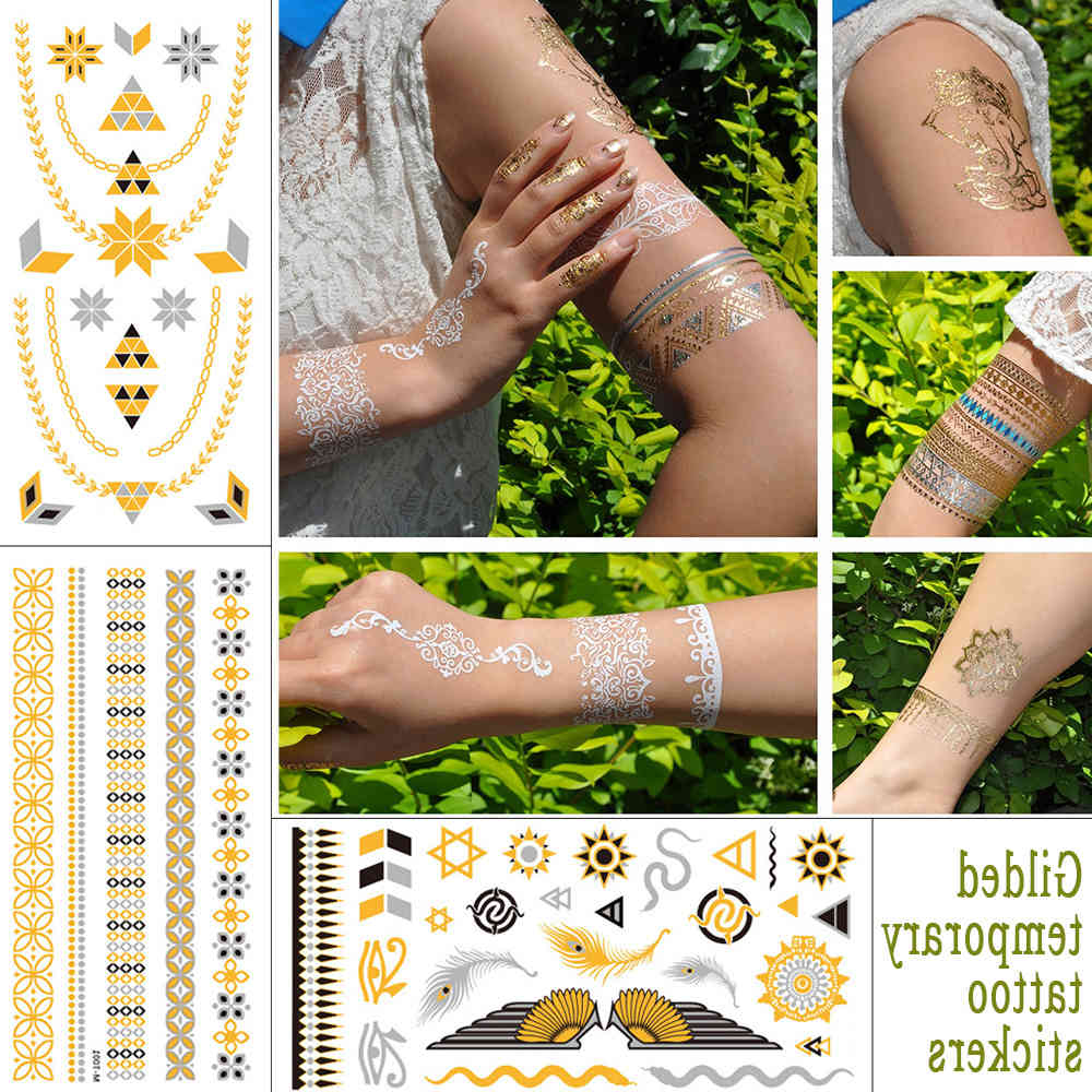 

Bronzing temporary tattoo stickers Bronze Multi Patterns Metal Foil Warm Silver women Wrist Waterproof flash Tattoo