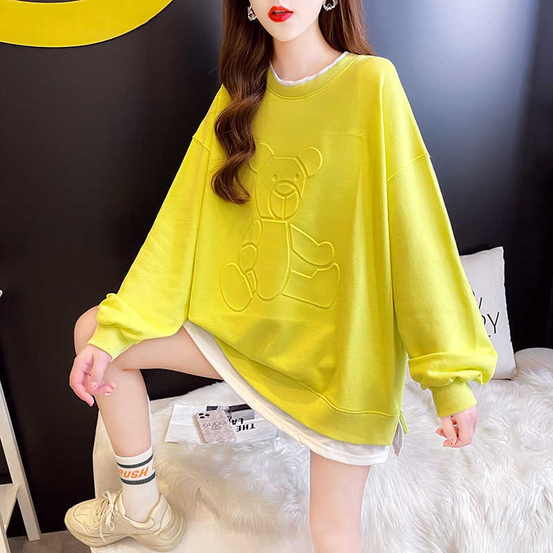 

2021 autumn new Korean loose large concave convex cartoon animation fake two-piece round neck age reducing thin women's sweater, Rh#3209# gray