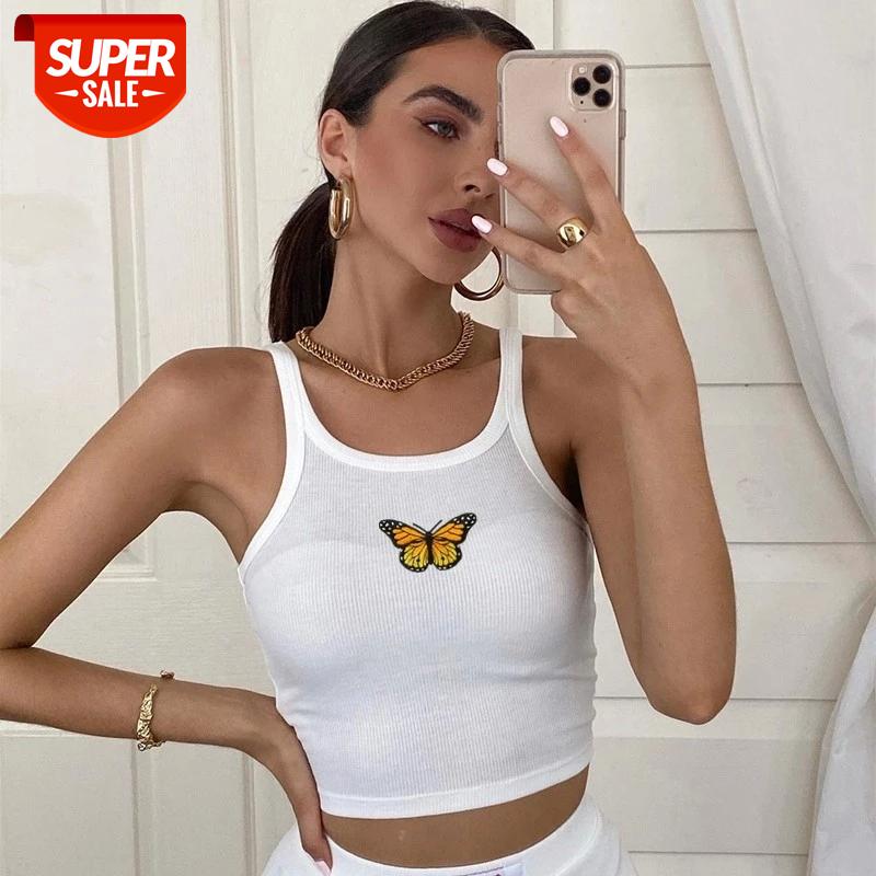 

Summer Vest Tank Pure Color Halter Crop Tops Casual Sexy Butterfly Embroidered Short Slim Sleeveless White Tops #NZ6o