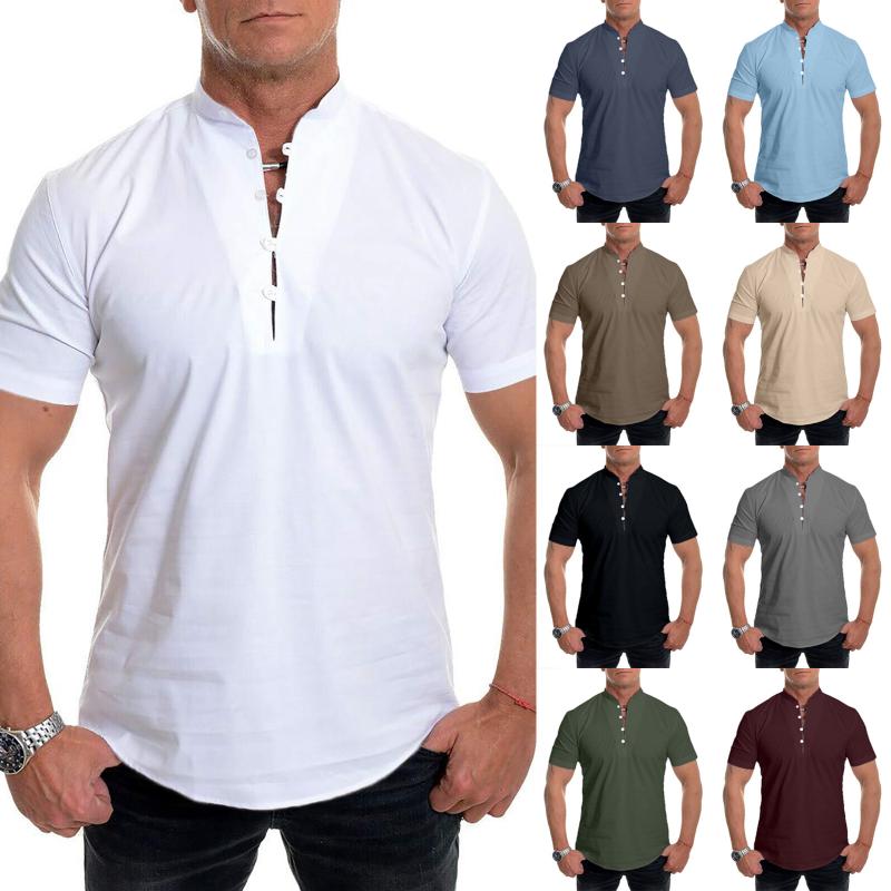 

Men's Casual Shirts Men Short-sleeved Summer Shirt Collarless Standing Collar Solid Color Hombre Leisure Fashion Tops Boho Beach, Black