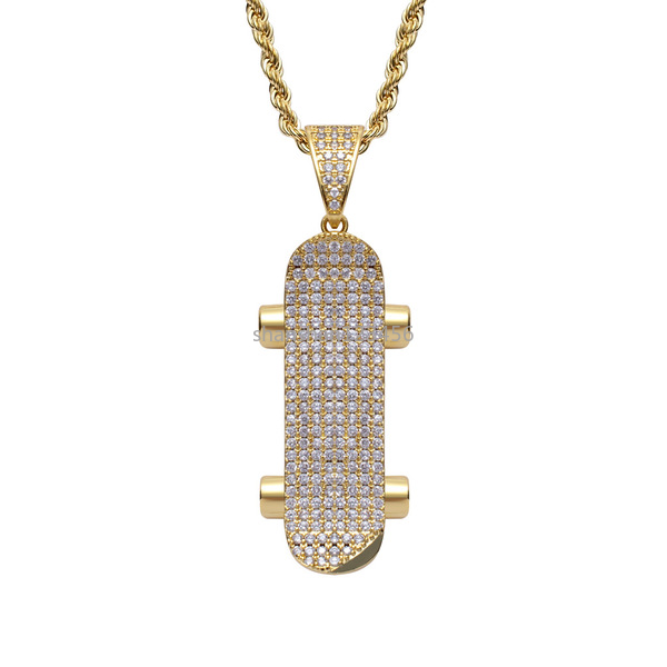 

18k Gold Sport Skateboard Necklace Nightclub Bling Diamond Cubic Zircon Pendant Necklaces Hip Hop Jewelry Set Men Women Stainless Steel Chain Will and Ssandy