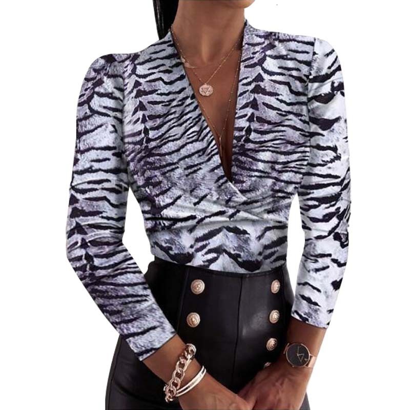 

2021 New Womens Tops and Autumn Casual Fashion V-neck Long Sleeve Plus Size Office Ladies Shirts Elegant Blouses Femme Nqk9, Tiger pattern