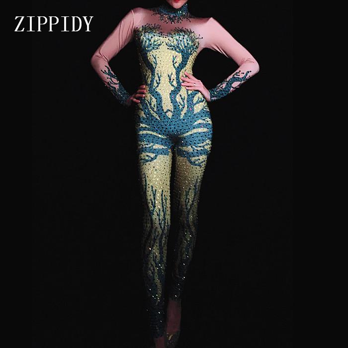 

Women's Jumpsuits & Rompers Fashion Rhinestones Long Sleeves Elastic Jumpsuit Stage Skinny Leggings Nightclub Female Singer Costume Outfit, Nude