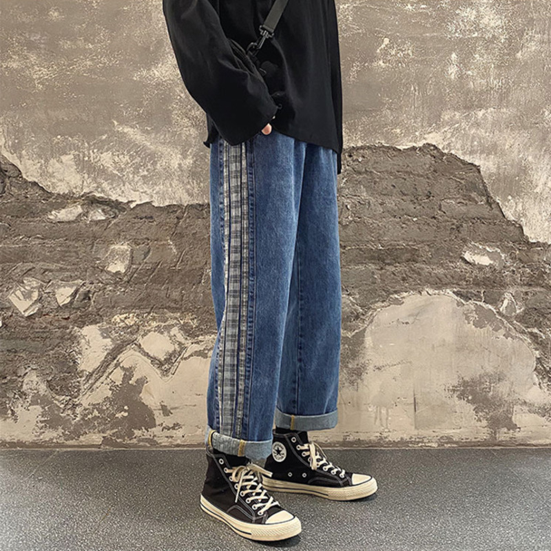 

2021 New Korean Style Plaid Men's Fashion Casual Retro Wide-leg Jeans Men Streetwear Loose Hip-hop Straight Denim Trousers Mens Z63k, Blue