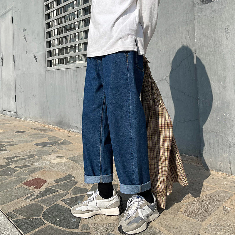 

2021 New Cotton Men's Fashion Retro Solid Color Casual Wide-leg Jeans Men Streetwear Korean Loose Straight Denim Pants Mens S-2xl 1bvs, Blue