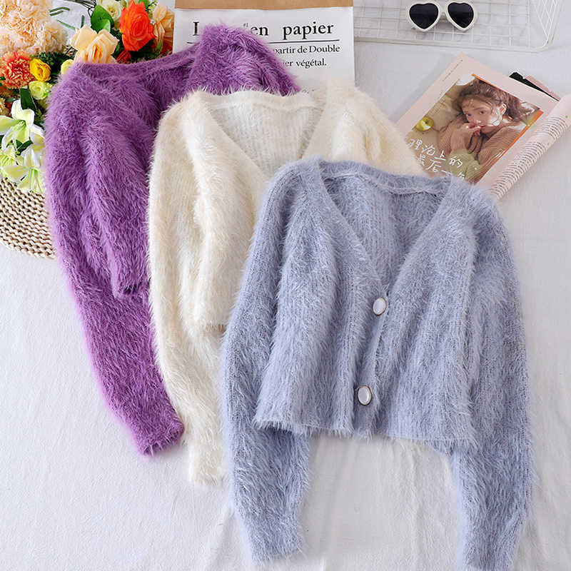 

Women Crop Sweater Autumn Winter Korean V Neck Button Up Mohair Knitted Sweaters Woman Single-breasted Short Cardigan 210602, Apricot