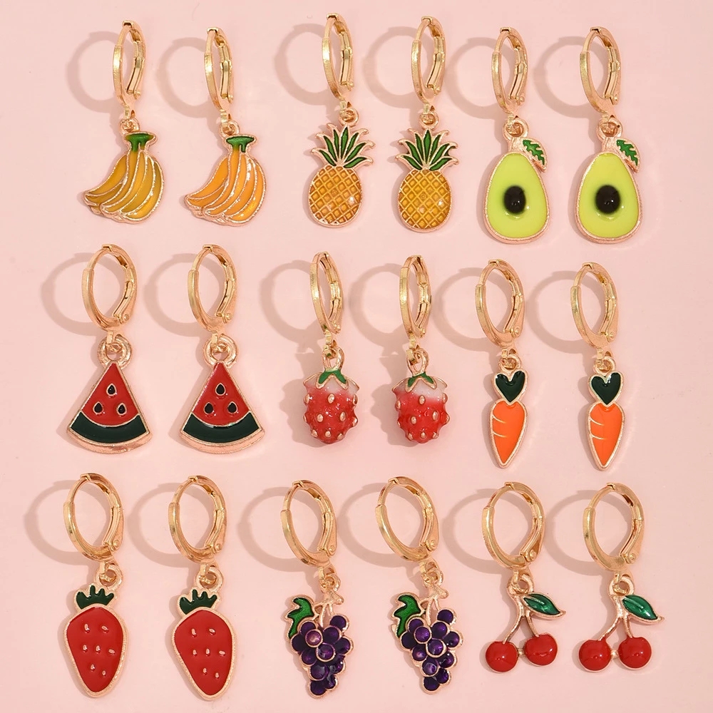 

Creative Women's Strawberry Grape Cherry Enamel Small Buckle Earring for Women Cartoon Fruit Circle Hanging Earring Cute Jewelry