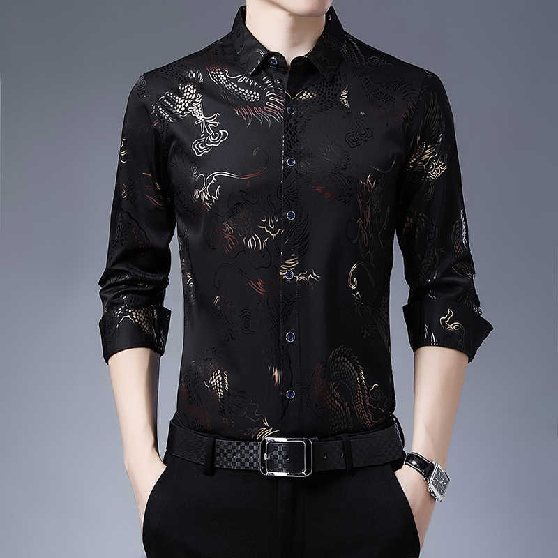 

Dress Shirts Men Slim Fit Chinese Dragon Print Silk Shirt Spring Long Sleeve Casual Camisa Masculina C725 210721, Navy blue