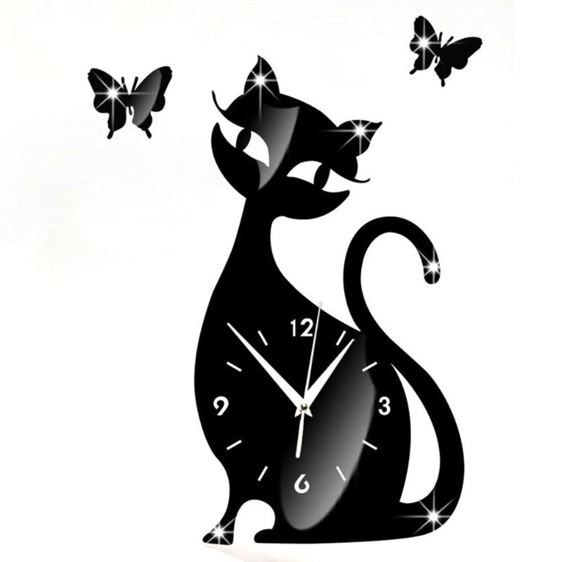 

Wall Clocks Clock Cat Mirror Black Modern Design Home Decor Watch