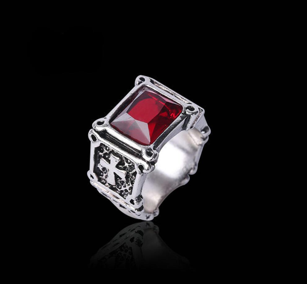 

Cross Charm Ruby Red and Black Zircon Diamond Ring Men's Punk Gothic Stainless Steel Jewelry Cool Fashion Accessories Gift, Silver