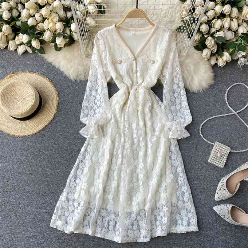 

French Romance Floral Lace Dress Patchwork V-neck Hollow Out Long Sleeve High Waist Midi Spring Summer Fashion Vestidos 210603, White
