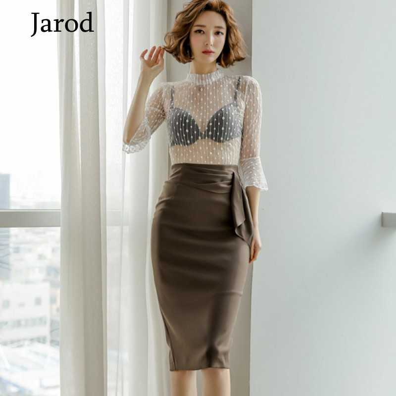 

Spring two piece set women Sexy Perspective white Half sleeve shirt+high waist OL office Package hip Bodycon skirt suits 210526, Picture color