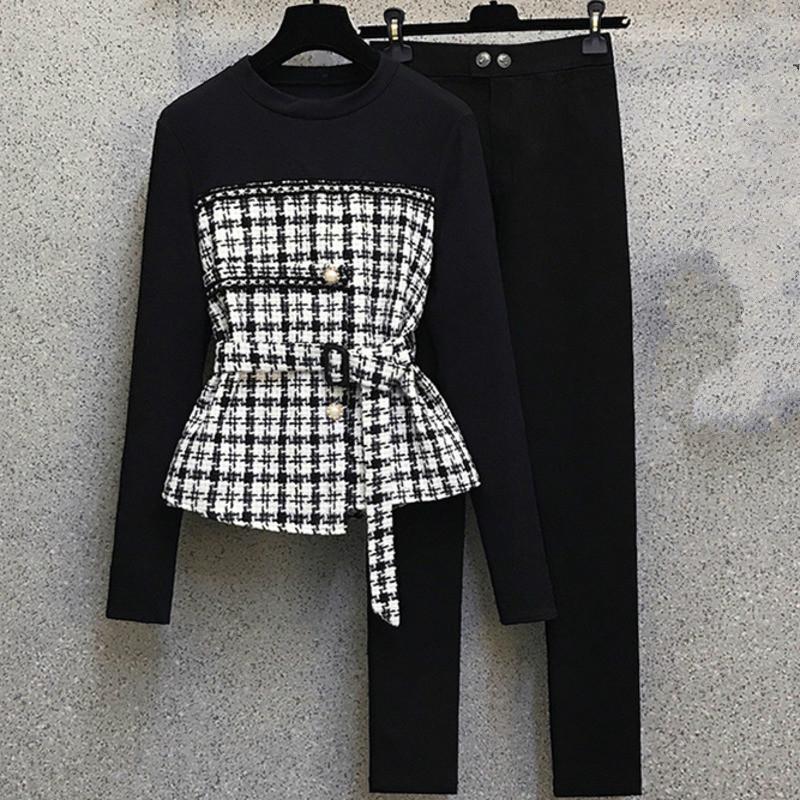 

Women's Two Piece Pants Retro Female Casual Top Elastic High Waist Suit Patchwork Black Pullover Tops Solid Long Pant Set Autumn 2021