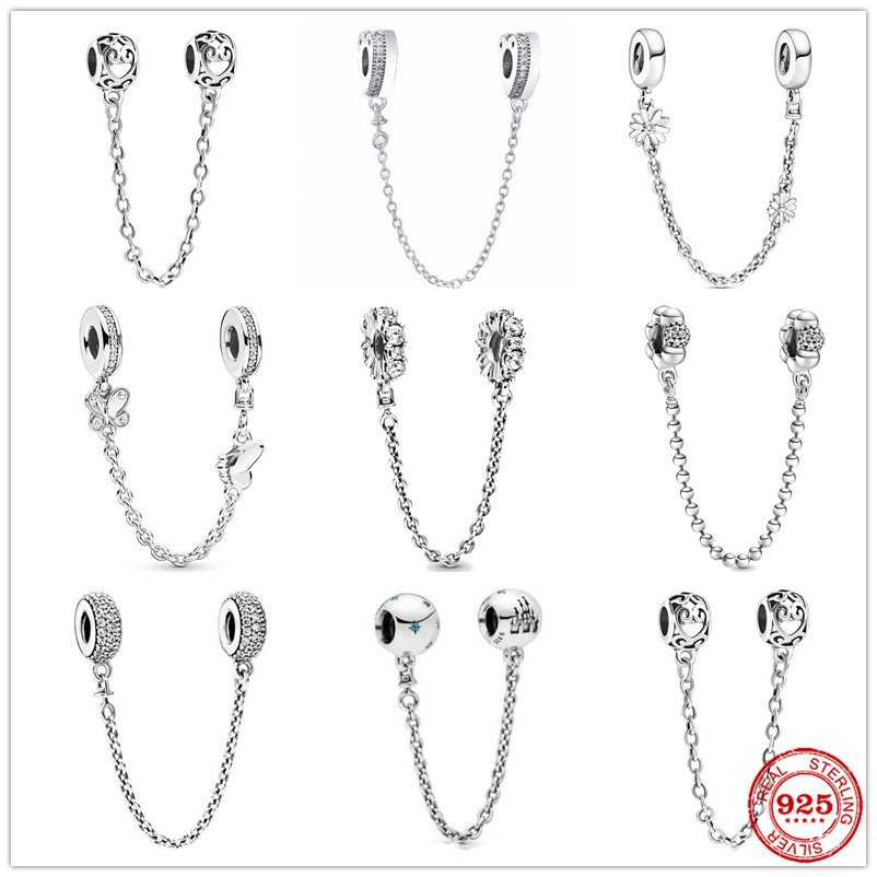 

Silver 925 Sparkling Clear Sparkle Flower Safety Chain Charm Bead Fit Pandora Bracelet Pendant DIY Jewelry For Women With Original Box