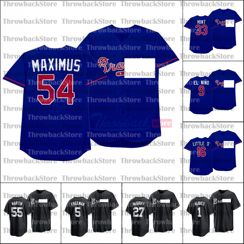 

2021 Players' Weekend All Black Fashion Jerseys 13 Ronald 15 Sean Newcomb 44 Hank Aaron 27 Riley 40 Soroka 2 BJ Upton, Blue;black