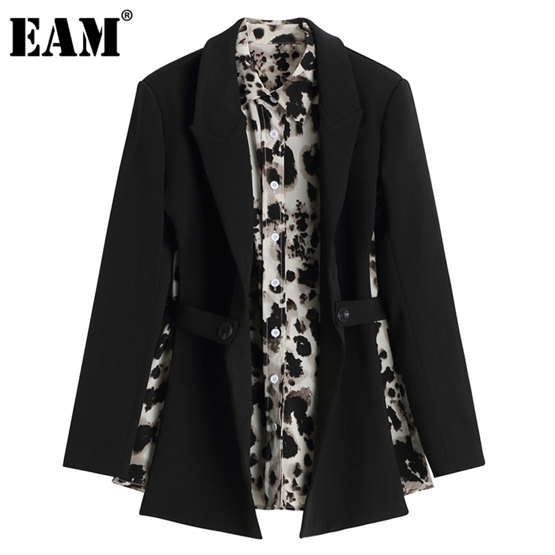 

[EAM] Women Leopard Print Backless Big Size Blazer Notched Collar Long Sleeve Jacket Fashion Spring Autumn 1DD4175 211019, Black